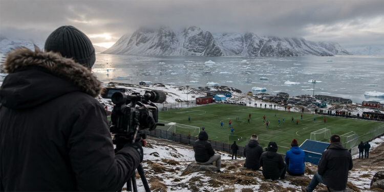 Camera operator films a football match